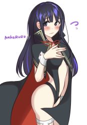 Rule 34 | 1girl, ?, alternate costume, ass, blush, breasts, cape, from side, highres, legs, long hair, looking at viewer, nakoruru, purple eyes, purple hair, samurai spirits, slingshot swimsuit, small breasts, snk, snk heroines: tag team frenzy, solo, swimsuit, thighs, vampire costume