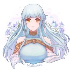 Rule 34 | 1girl, bare shoulders, blue hair, blush, breasts, fire emblem, fire emblem: the blazing blade, large breasts, long hair, meziosaur, ninian, red eyes, solo