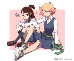 Rule 34 | 2girls, amanda o&#039;neill, arikindows10, arm on knee, artist name, blue skirt, brown hair, buttons, closed mouth, collared shirt, flipped hair, green eyes, jewelry, kagari atsuko, kneehighs, knees up, little witch academia, loafers, long sleeves, looking at another, luna nova school uniform, medium hair, multicolored hair, multiple girls, necklace, on ground, one eye closed, orange hair, pink background, pleated skirt, ponytail, pout, red hair, school uniform, shirt, shoes, short hair, short ponytail, sitting, skirt, smile, sneakers, socks, squiggle, star (symbol), teeth, two-tone background, two-tone hair, uniform, wand, white background, white shirt