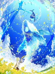 Rule 34 | 1girl, blonde hair, blue sky, blue theme, brown skirt, bubble, colorful, field, flower, from side, grey jacket, highres, jacket, long sleeves, looking up, makoron117117, orca, original, profile, scenery, school of fish, sea spray, short hair, skirt, sky, solo, standing, wide shot, wind turbine, windmill, yellow flower