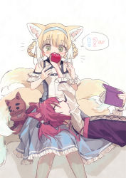 Rule 34 | 2girls, animal ears, apple, arknights, book, food, fox ears, fox girl, fruit, highres, holding, holding book, kitsune, kyuubi, lap pillow, multiple girls, multiple tails, red medicine, shamare (arknights), stuffed toy, stuffed wolf, suzuran (arknights), tail