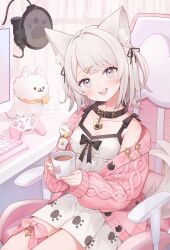 Rule 34 | 1girl, :d, animal collar, animal ears, breasts, cardigan, chair, collar, controller, cup, dog ears, dog girl, dog tail, dress, game controller, gamepad, gaming chair, grey eyes, grey hair, highres, hoshizuku komako, indie virtual youtuber, keyboard (computer), leg ribbon, long sleeves, looking at viewer, medium breasts, monitor, mug, off shoulder, open cardigan, open clothes, open mouth, orqz, paw print, pink cardigan, ribbon, short hair, sitting, sleeveless, sleeveless dress, smile, stuffed animal, stuffed dog, stuffed toy, swivel chair, tail, thigh ribbon, virtual youtuber, white dress, white hair