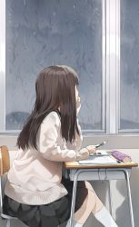 Rule 34 | 1girl, black skirt, blush, brown hair, cardigan, chair, commentary request, desk, facing away, feet out of frame, highres, holding, holding pencil, indoors, long hair, long sleeves, open cardigan, open clothes, original, pencil, pencil case, pentagon (railgun ky1206), pleated skirt, rain, ribbed legwear, school chair, school desk, school uniform, sitting, skirt, sleeves past wrists, socks, solo, water drop, white cardigan, white socks, window