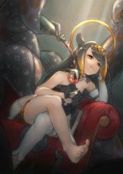 Rule 34 | 1girl, absurdres, alcohol, barefoot, black dress, black gloves, blue eyes, bottle, crossed legs, cup, detached sleeves, dress, drinking glass, feet, gloves, halo, head rest, highres, hololive, hololive english, light rays, long hair, mole, mole under eye, ninomae ina&#039;nis, ninomae ina&#039;nis (1st costume), pouring, purple hair, single detached sleeve, single thighhigh, sitting, smug, solo, tentacle hair, tentacles, thighhighs, virtual youtuber, wine, wine bottle, wine glass, youryokuso (chlorophyll)