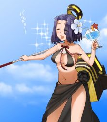 Rule 34 | 10s, 1girl, bikini, blush, closed eyes, commentary request, cup, drink, drinking glass, drinking straw, flower, glaive (polearm), hair flower, hair ornament, halo, jpeg artifacts, kantai collection, mechanical halo, open mouth, polearm, purple hair, short hair, sky, smile, solo, swimsuit, tatsuta (kancolle), translation request, tsurusaki yuu