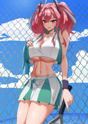 Rule 34 | 1girl, absurdres, azur lane, bare legs, bare shoulders, blue sky, blue towel, blush, breasts, bremerton (azur lane), bremerton (scorching-hot training) (azur lane), chain-link fence, cleavage, cloud, collarbone, collared shirt, commentary, cowboy shot, crop top, crop top overhang, day, fence, green skirt, grey hair, groin, hair between eyes, hair intakes, hair ornament, hand on own chest, heart, heart necklace, highres, holding, holding racket, holding towel, jewelry, large breasts, long hair, looking at viewer, midriff, multicolored hair, navel, necklace, ninec, no mole, ocean, outdoors, parted lips, pink eyes, pink hair, racket, shirt, sidelocks, skirt, sky, sleeveless, sleeveless shirt, smile, solo, sportswear, standing, streaked hair, tennis racket, tennis uniform, towel, twintails, two-tone hair, two-tone shirt, two-tone skirt, underboob, white shirt, white skirt, wristband