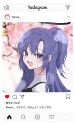 Rule 34 | 1girl, blue archive, blurry, blurry background, blush, casual, character name, doodle sensei (blue archive), fake screenshot, halo, happy anniversary, hashtag, highres, instagram, korean text, looking at viewer, outdoors, portrait, purple eyes, purple hair, seno (senohime), sensei (blue archive), smile, solo, upper body, when you see it, yuuka (blue archive)