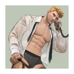 Rule 34 | 1boy, abs, bara, bare pectorals, black male underwear, blonde hair, boxer briefs, collared shirt, highres, holding, holding phone, large pectorals, legwear garter, looking at viewer, male focus, male underwear, muscular, muscular male, navel, necktie, nez, nipples, open clothes, open shirt, overwatch, overwatch 1, parted lips, pectorals, phone, salaryman, shirt, short hair, soldier: 76 (overwatch), solo, talking on phone, underwear, undone necktie, watch, white shirt, wristwatch