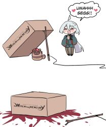 Rule 34 | 1girl, 2koma, ahoge, blood, blood splatter, blush, box, chibi, closed eyes, comic, copyright name, drop trap, english text, engrish text, grey shirt, grey shorts, gundam, gundam suisei no majo, hair between eyes, heart, highres, hinghoi, logo, long hair, meme, miorine rembran, objectification, open mouth, own hands together, palms together, ranguage, red hair, seggs (meme), shirt, short hair with long locks, shorts, simple background, smile, solo, speech bubble, split mouth, stick, string, stuffed toy, suletta mercury, very long hair, white background, wide sleeves
