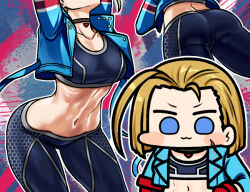 Rule 34 | 1girl, :3, antenna hair, arched back, ass, blonde hair, blue jacket, blue pants, blue sports bra, blush stickers, breasts, cammy stretch (meme), cammy white, chibi, chibi inset, commentary, cropped jacket, curvy, jacket, jazz jack, leaning forward, looking at viewer, medium breasts, meme, midriff, multicolored background, multiple views, navel, pants, short hair, sports bra, street fighter, street fighter 6, stretching, tight clothes, tight pants, toned