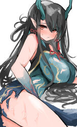 Rule 34 | 1girl, arknights, bare shoulders, black hair, blue skin, blush, breasts, china dress, chinese clothes, colored skin, dress, dusk (arknights), highres, horns, large breasts, long hair, parted lips, pointy ears, red eyes, simple background, sleeveless, solo, sunaneko, sweatdrop, torn clothes, wet, white background