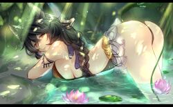 Rule 34 | 1girl, animal ears, ass, backless swimsuit, black hair, black one-piece swimsuit, braid, braided ponytail, breasts, flower, granblue fantasy, hand in own hair, letterboxed, lily pad, long hair, looking at viewer, looking to the side, lotus, medium breasts, nattsun (018), nier (granblue fantasy), nier (lover by the lily lake) (granblue fantasy), one-piece swimsuit, parted lips, partially submerged, red eyes, solo, sunlight, swimsuit, twitter username