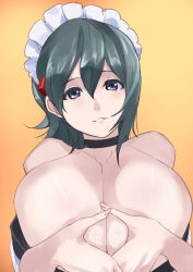 Rule 34 | 1girl, black hair, breast press, breasts, breasts squeezed together, fingernails, hands on own chest, highres, huge breasts, iroha (samurai spirits), lips, looking at viewer, maid, maid headdress, medium hair, no bra, nude, revealing clothes, samurai spirits, shiny skin, sideboob, simple background, smile, solo, themanyoukilled, undressing, upper body