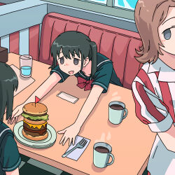 Rule 34 | 3girls, absurdres, black hair, black sailor collar, black serafuku, black shirt, bow, bowtie, brown hair, burger, cafe, coffee, couch, cup, ennui orz, food, fork, glass, grey eyes, highres, indoors, leaning on object, looking at another, medium hair, mug, multiple girls, open mouth, original, red bow, red bowtie, sailor collar, school uniform, serafuku, shirt, sitting, table, waitress, water, window