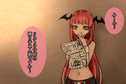 Rule 34 | 1girl, against wall, alternate costume, aoshima, bare arms, belt, belt buckle, buckle, choker, hand on own face, head wings, holding, koakuma, long hair, navel, newspaper, no wings, reading, red eyes, red hair, shadow, solo, touhou, translation request, wings