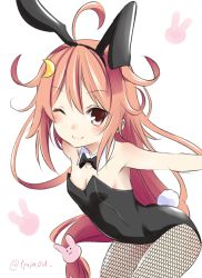 Rule 34 | 10s, 1girl, :3, ;3, ahoge, blush, rabbit tail, playboy bunny, crescent, crescent hair ornament, detached collar, fishnet pantyhose, fishnets, flat chest, hair ornament, kantai collection, long hair, looking at viewer, natsupa, one eye closed, orange hair, pantyhose, red eyes, solo, tail, twitter username, uzuki (kancolle), very long hair