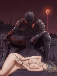 Rule 34 | 1boy, 1girl, armor, ashen one (dark souls 3), bad id, bad pixiv id, bdsm, blindfold, bondage, bound, bound wrists, breasts, chain, clothed male nude female, dark sky, dark souls (series), dark souls iii, eclipse, fire keeper, foot on head, helmet, highres, knight, large breasts, lying, mask, nipples, nude, okipuu, on side, oxp (okipuu), sitting, slave, soul of cinder, spoilers, stepped on