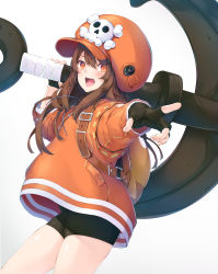 Rule 34 | 1girl, absurdres, anchor, backpack, bag, bike shorts, black gloves, black shorts, brown hair, cabbie hat, commentary request, fingerless gloves, gloves, gradient background, grey background, guilty gear, guilty gear strive, hair between eyes, hat, highres, holding, jacket, long hair, looking at viewer, may (guilty gear), nakazawa aki, open mouth, orange eyes, orange hat, orange jacket, outstretched arm, pointing, pointing at viewer, short shorts, shorts, solo, very long hair, white background