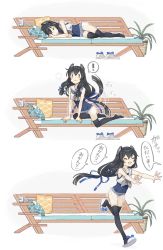 Rule 34 | !, 1girl, :3, black hair, black thighhighs, blue one-piece swimsuit, blush, closed eyes, closed mouth, comic, commentary request, crop top, expressive hair, highres, i-47 (kancolle), kantai collection, long hair, one-piece swimsuit, open mouth, plant, potted plant, sailor collar, school swimsuit, shirt, shorts, simple background, sleeping, sleeveless, sleeveless shirt, slippers, smile, solo, swimsuit, swimsuit under clothes, thighhighs, translation request, white background, white sailor collar, yamashichi (mtseven)