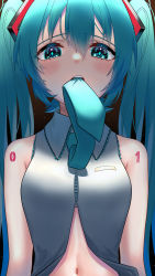 Rule 34 | absurdres, aqua eyes, aqua hair, arms at sides, bare shoulders, black background, breasts, center opening, hair between eyes, hatsune miku, highres, lace trim, light blush, linea alba, long hair, looking at viewer, medium breasts, midriff peek, mouth hold, navel, necktie, necktie in mouth, partially unzipped, shirt, simple background, sleeveless, sleeveless shirt, solo, tattoo, tatyaoekaki, twintails, upper body, very long hair, vocaloid, zipper, zipper pull tab