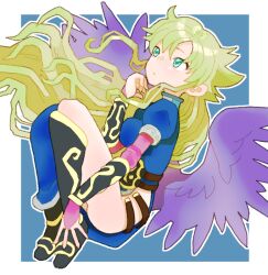 Rule 34 | 1girl, aqua eyes, blonde hair, blue dress, breasts, breath of fire, breath of fire ii, bridal gauntlets, closed mouth, dress, feathered wings, floating hair, hand up, jewelry, long hair, medium breasts, nina (breath of fire ii), no panties, outline, purple wings, ring, sicky (pit-bull), side slit, solo, very long hair, white outline, wings
