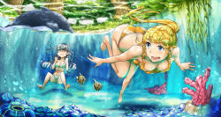 Rule 34 | 2girls, absurdres, air bubble, bad id, bad pixiv id, barefoot, black hair, blonde hair, breath, bubble, coral, dolphin, fish, freediving, highres, holding breath, long hair, makarony, multiple girls, original, puffy cheeks, swimsuit, underwater, water