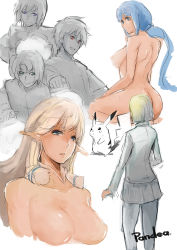Rule 34 | 10s, 2girls, 3boys, ass, bare back, blonde hair, blue eyes, blue hair, breasts, character request, creatures (company), crossover, game freak, gen 1 pokemon, gundam, gundam build fighters, highres, huge breasts, image sample, iori rinko, large breasts, legs, lips, long hair, looking at viewer, looking back, mature female, multiple boys, multiple girls, nintendo, nipples, nude, pikachu, pixiv sample, pointy ears, pokemon, pokemon (creature), ponytail, resized, sideboob, sky of morika, smile, sunrise (company)