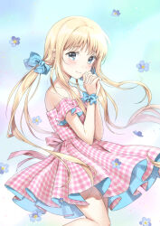 Rule 34 | 1girl, bare shoulders, blonde hair, blue bow, blue eyes, blue flower, blush, bow, closed mouth, dress, dress bow, falling flower, feet out of frame, floating hair, flower, from side, hair bow, hands up, long hair, looking at viewer, looking to the side, low twintails, multicolored background, off-shoulder dress, off shoulder, original, own hands clasped, pink dress, pink ribbon, plaid, plaid dress, pleated dress, ribbon, short dress, short sleeves, sidelocks, smile, solo, straight hair, twintails, unya (unya-unya), very long hair, wrist bow, wristband