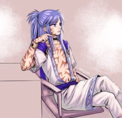 Rule 34 | 1boy, arcturus, blue hair, chair, commentary request, expressionless, feet out of frame, full-body tattoo, kim rodel, korean commentary, long hair, looking afar, lowres, male focus, open clothes, open mouth, open shirt, pants, ponytail, purple eyes, shirt, sidelocks, signature, sitting, sizz flair, solo, tattoo, white pants, white shirt