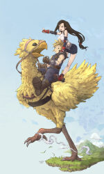Rule 34 | 1boy, 1girl, absurdres, armor, artist name, bare shoulders, belt, bird, black gloves, black hair, black skirt, black socks, blonde hair, blue eyes, blue pants, blue sky, blue sweater, boots, breasts, brown footwear, brown gloves, chocobo, cloud, cloud strife, crop top, dated, day, elbow gloves, elbow pads, final fantasy, final fantasy vii, fingerless gloves, full body, gloves, grass, hair behind ear, hand on another&#039;s shoulder, highres, holding, holding reins, large breasts, long hair, low-tied long hair, midriff, miniskirt, mountain, open mouth, outdoors, pants, pointing, pointing forward, red eyes, red footwear, red gloves, reins, riding, riding animal, riding bird, sazaki huangdalun, shoulder armor, single bare shoulder, single elbow pad, sitting, skirt, sky, sleeveless, sleeveless turtleneck, socks, spiked hair, standing, suspender skirt, suspenders, sweater, tank top, tifa lockhart, turtleneck, turtleneck sweater, white tank top