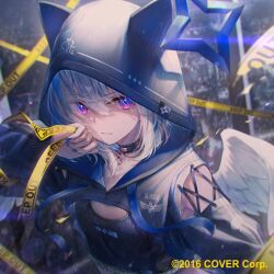 Rule 34 | 1girl, amane kanata, angel wings, animal hood, black hood, black shrug, blue eyes, blue hair, blue halo, blue nails, blurry, cat hood, caution tape, character name, chihiro ayaka, choker, closed mouth, clothes writing, clothing cutout, collarbone, commentary, copyright notice, crop top, depth of field, drawstring, feathered wings, flat chest, frilled choker, frills, gradient eyes, grey hair, halo, hand up, highres, hololive, hood, hooded shrug, keep out, long sleeves, multicolored eyes, multicolored hair, official alternate costume, official art, purple eyes, rain, shoulder cutout, shrug (clothing), sidelocks, solo, star halo, streaked hair, upper body, virtual youtuber, white hair, white wings, wings