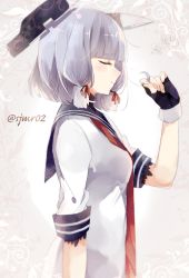 Rule 34 | 10s, 1girl, alternate hairstyle, black gloves, closed eyes, fingerless gloves, from side, frown, gloves, holding, holding hair, kantai collection, murakumo (kancolle), profile, shijima (sjmr02), short hair, signature, silver hair, solo, twitter username