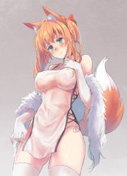 Rule 34 | 1girl, ahoge, animal ear fluff, animal ears, bare shoulders, blush, bow, breasts, china dress, chinese clothes, closed mouth, collar, collared dress, commentary request, dress, elbow gloves, embarrassed, fox ears, fox girl, fox tail, fur, gloves, green eyes, grey background, hair between eyes, hair bow, hair ornament, large breasts, long hair, long sleeves, looking at viewer, navel, orange hair, original, panties, red bow, sawaya (mizukazu), short dress, simple background, solo, standing, stomach, tail, thighhighs, underwear, upper body, wet, wet clothes, wet dress, wet gloves, white dress, white gloves, white panties, white thighhighs