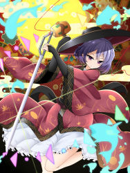 Rule 34 | 1girl, bowl, bowl hat, bridal gauntlets, floral print, hat, highres, japanese clothes, kimono, long sleeves, miracle mallet, needle, purple eyes, purple hair, rihito (usazukin), solo, string, string of fate, sukuna shinmyoumaru, touhou, wide sleeves