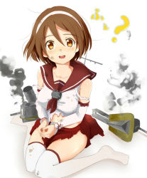 Rule 34 | 10s, 1girl, :d, akame (akamiru), bad id, bad pixiv id, brown eyes, brown hair, burnt clothes, detached sleeves, dirty, hairband, headband, kantai collection, natori (kancolle), open mouth, personification, pleated skirt, school uniform, serafuku, short hair, sitting, skirt, smile, smoke, solo, tears, torn clothes, wariza
