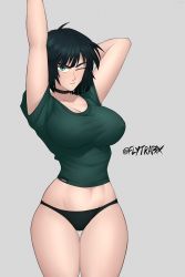 1girl arm_behind_head arm_up artist_name black_hair black_panties breasts choker cleavage collarbone curvy covered_erect_nipples flytrapxx fubuki_(one-punch_man) green_eyes green_shirt grey_background highres large_breasts looking_at_viewer no_pants one-punch_man one_eye_closed panties shirt short_hair short_sleeves solo stomach stretching thick_thighs thigh_gap thighs underwear wide_hips