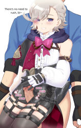 Rule 34 | 2boys, artist request, black corset, black thighhighs, blush, bow, bowtie, censored, clothes, commentary, corset, crossdressing, detached sleeves, english commentary, erection, facial tattoo, genshin impact, gloves, hand on penis, heart, highres, lyney (genshin impact), mosaic censoring, multiple boys, penis, pink bow, pink bowtie, puffy sleeves, purple eyes, shirt, short hair, shorts, sitting, sitting on lap, sitting on person, tattoo, teardrop, teardrop facial mark, thigh sex, thigh strap, thighhighs, thighs, white background, white shirt, white sleeves, yaoi