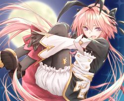 Rule 34 | 1boy, ass, astolfo (fate), astolfo (saber) (fate), astolfo (saber) (third ascension) (fate), black bow, black bowtie, black dress, black footwear, black gloves, black legwear, black ribbon, bloomers, blurry, blurry background, blush, bow, bowtie, buttons, commentary request, dress, fang, fate/grand order, fate (series), full moon, gloves, hair between eyes, hair bow, hair intakes, hair ribbon, highres, hu-ca, hugging own legs, juliet sleeves, layered skirt, long hair, long sleeves, looking at viewer, low twintails, male focus, moon, multicolored hair, night, night sky, open mouth, partial commentary, pink hair, puffy sleeves, purple eyes, ribbon, skirt, sky, smile, solo, streaked hair, trap, twintails, underwear, white bloomers, white hair, white skirt, wide sleeves, wing collar