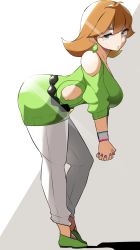 Rule 34 | 1girl, ahoge, ass, creatures (company), earrings, from side, game freak, green sweater, grey eyes, hands together, highres, honey (pokemon), jewelry, looking at viewer, mituyota 76, nail polish, nintendo, pants, pokemon, pokemon swsh, shoes, sweater, white background, white pants, wristband