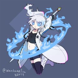 Rule 34 | 1girl, black gloves, black shorts, black thighhighs, blue eyes, blue fire, boots, coat, eyes visible through hair, fingerless gloves, fire, full body, gloves, holding, holding sword, holding weapon, kanzumezzz, kiyoko (warchamp7), long hair, long sleeves, midriff, navel, no nose, original, ponytail, second-party source, shorts, solo, star (symbol), sword, thighhighs, weapon, white coat, white footwear, white hair