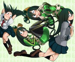 Rule 34 | 1girl, :p, ass, asui tsuyu, black eyes, black hair, black thighhighs, bodysuit, boku no hero academia, boots, breasts, closed mouth, dual persona, frog girl, full body, gloves, goggles, goggles on head, green hair, highres, long hair, long sleeves, long tongue, looking at viewer, multiple views, school uniform, shoes, short sleeves, skirt, smile, socks, thigh boots, thighhighs, tongue, tongue out