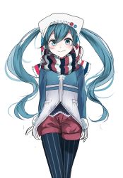 Rule 34 | 1girl, blue eyes, blue hair, blue jacket, blue pantyhose, blush, commentary, cowboy shot, english commentary, female focus, happy, hat, hatsune miku, highres, jacket, long hair, long sleeves, looking at viewer, multicolored clothes, multicolored scarf, pantyhose, pantyhose under shorts, scarf, shorts, simple background, smile, snowflakes, solo, twintails, upper body, vocaloid, white background, winter clothes, yuki miku, yuki miku (2016) (candidate no.1)