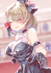 Rule 34 | 1girl, absurdres, alternate breast size, arm strap, azur lane, black bow, black dress, black gloves, blonde hair, blush, bow, breasts, cleavage, dress, closed eyes, flower, gloves, hair bow, hair flower, hair ornament, highres, jewelry, large breasts, necklace, outstretched hand, red flower, red rose, ring, rose, see-through, short hair, sleeveless, sleeveless dress, solo, take yaki, upper body, wedding band, wedding dress, z23 (azur lane), z23 (the banquet&#039;s honor student) (azur lane)