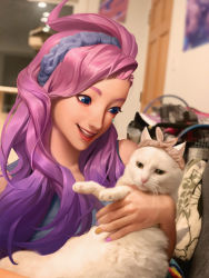 Rule 34 | 1girl, animal, artist request, bao (league of legends), blue eyes, cat, commentary, cradling, english commentary, facial mark, hair over shoulder, highres, holding, holding animal, holding cat, league of legends, lips, lipstick, makeup, nose, official art, photo background, pink hair, seraphine (league of legends), smile, star (symbol), thick eyebrows, white cat