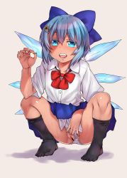 Rule 34 | 1girl, bar censor, black socks, blouse, blue bow, blue eyes, blue hair, blue skirt, blush, bow, bowtie, buttons, censored, cirno, cleft of venus, clothing aside, feet, fellatio gesture, full body, hair bow, hair ornament, hairpin, hidden star in four seasons, highres, ice, ice wings, looking at viewer, miniskirt, no shoes, okina ika, open mouth, panties, panties aside, prostitution, pussy, red bow, red bowtie, shirt, short hair, simple background, skirt, smile, socks, solo, squatting, tan, tanned cirno, teeth, toes, touhou, underwear, white panties, white shirt, wing collar, wings