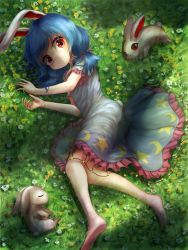Rule 34 | 1girl, animal ears, bad id, bad pixiv id, barefoot, blue dress, blue hair, commentary request, crescent print, dappled sunlight, dress, flower, frilled sleeves, frills, from above, grass, highres, kayon (touzoku), light smile, looking at viewer, low twintails, lying, medium hair, on grass, on ground, on side, rabbit, rabbit ears, rabbit tail, red eyes, seiran (touhou), short sleeves, solo, star (symbol), star print, sunlight, tail, touhou, twintails