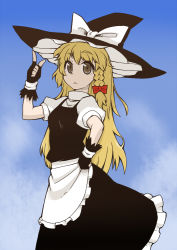 Rule 34 | 1girl, bad id, bad pixiv id, blonde hair, bow, braid, dress, female focus, fingerless gloves, gloves, gradient background, hair bow, hat, kirisame marisa, long hair, outdoors, sky, solo, touhou, ume (noraneko), witch, witch hat, yellow eyes