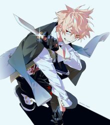 Rule 34 | 1boy, ascot, black ascot, black footwear, black gloves, black pants, blonde hair, blood, blood on clothes, collared shirt, eyes visible through hair, fate/grand order, fate (series), full body, glint, gloves, grey vest, grin, hair between eyes, half gloves, highres, holding, holding knife, jacket, jacket on shoulders, jekyll and hyde (fate), knife, looking at viewer, male focus, open clothes, open vest, pants, red eyes, seiya ingen, sharp teeth, shirt, short hair, simple background, smile, solo, spiked hair, squatting, suspenders, teeth, vest, white background, white shirt