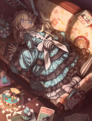 1girl animal_ears aristocratic_clothes blonde_hair blue_nails bow cake commentary_request couch dress fake_animal_ears food frilled_dress frills hairband headdress highres indoors lolita_fashion lolita_hairband long_hair looking_at_viewer looking_back magazine_(object) on_couch open_mouth original osobachan platform_footwear ribbon solo striped_clothes striped_thighhighs stuffed_toy thighhighs