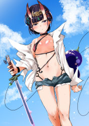 Rule 34 | 1girl, bare shoulders, blue shorts, blue sky, blush, bob cut, braid, breasts, collarbone, eyeliner, fate/grand order, fate (series), gourd, headpiece, highres, horns, long sleeves, looking at viewer, makeup, nagatani (nagata2), navel, oni, open clothes, open mouth, open shirt, pointy ears, popped collar, purple eyes, purple hair, shirt, short hair, short shorts, shorts, shuten douji (fate), side braids, skin-covered horns, sky, small breasts, swimsuit, sword, thighs, weapon, white shirt